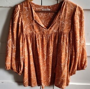 Skies Are Blue Pumpkin Colored Printed Top | Balloon Sleeve | Medium